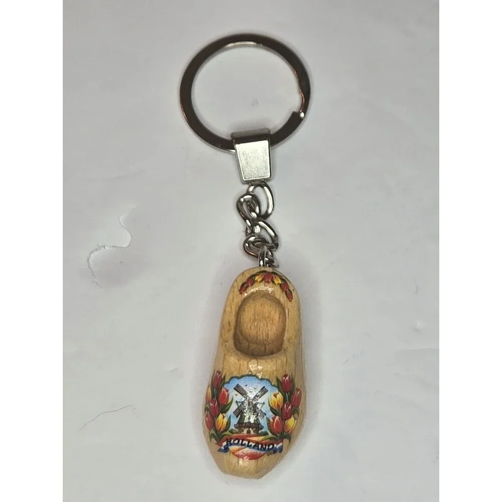 Varnished Tulip Wooden Shoe Keychain Windmill Holland #2